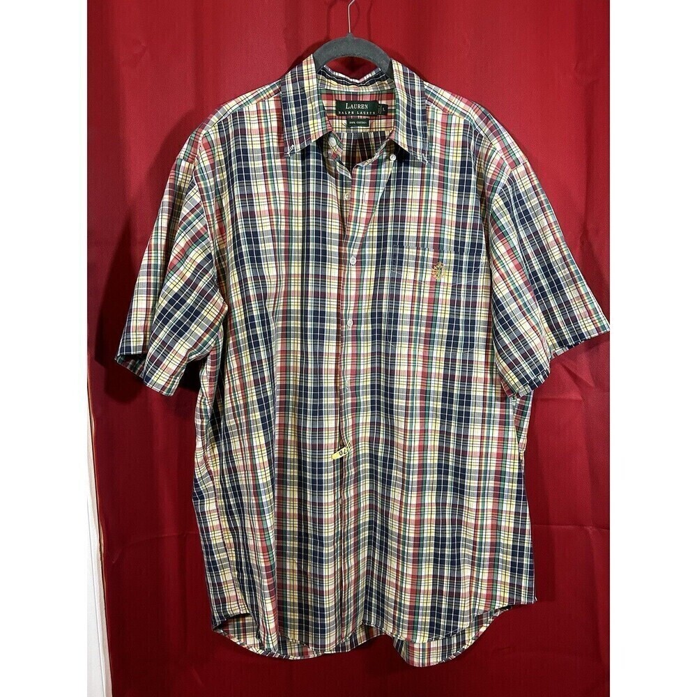 VTG Lauren Ralph Lauren Madras Plaid Cotton Casual Short Sleeved Button Shir…